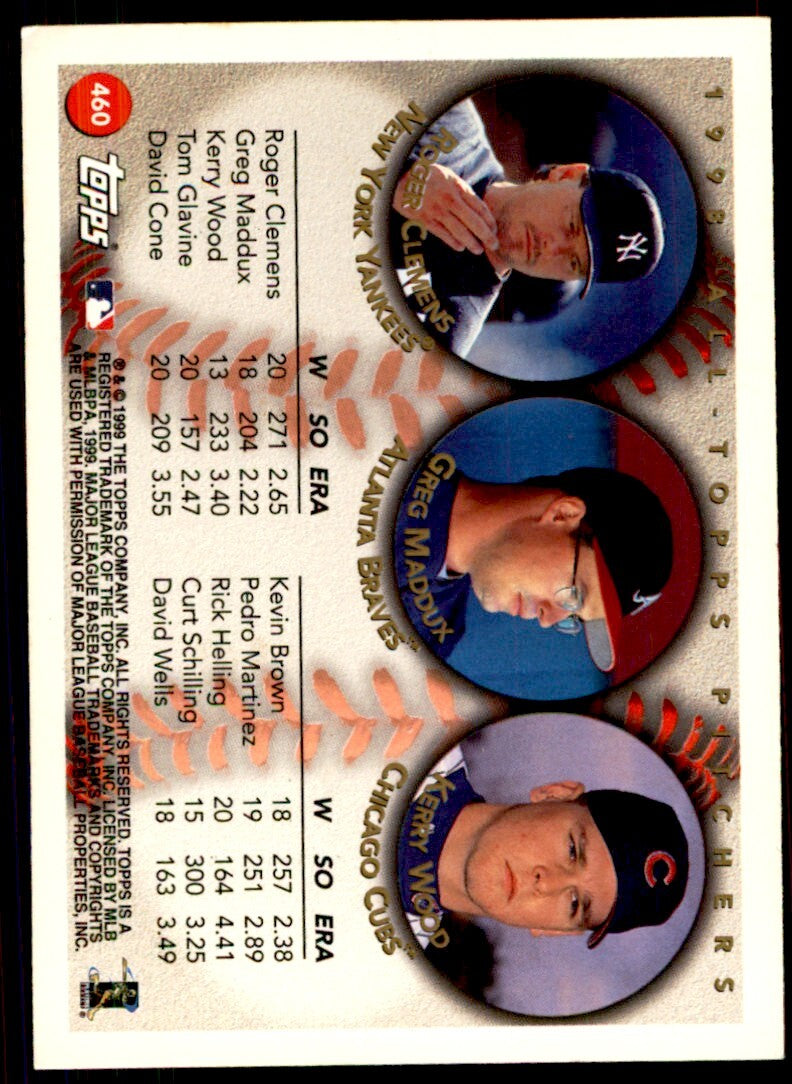 1999 Topps Baseball Card Roger Clemens/Greg Maddux/Kerry Wood H #460