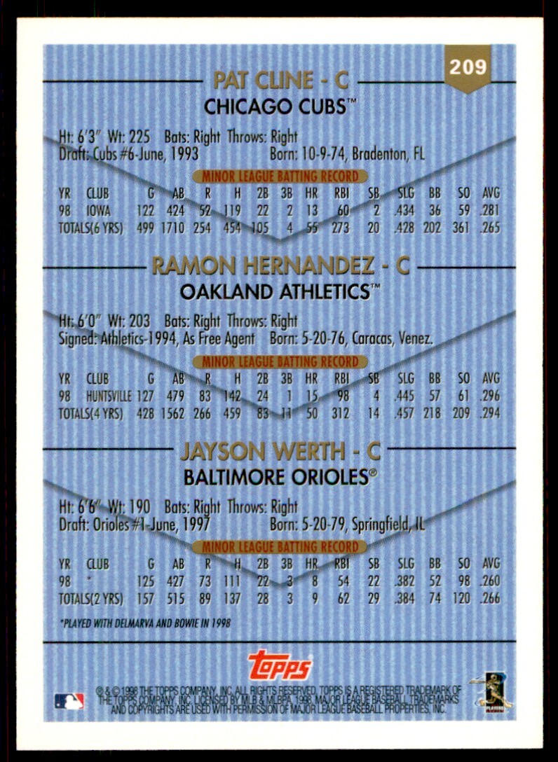 1999 Topps Pat Cline/Ramon Hernandez/Jayson Werth Baseball Card A #209