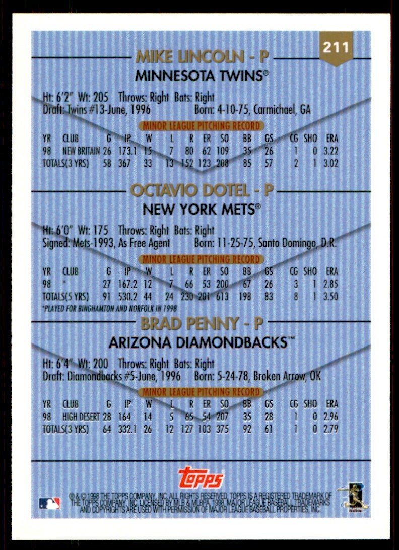 1999 Topps Mike Lincoln/Octavio Dotel/Brad Penny Baseball Card A #211
