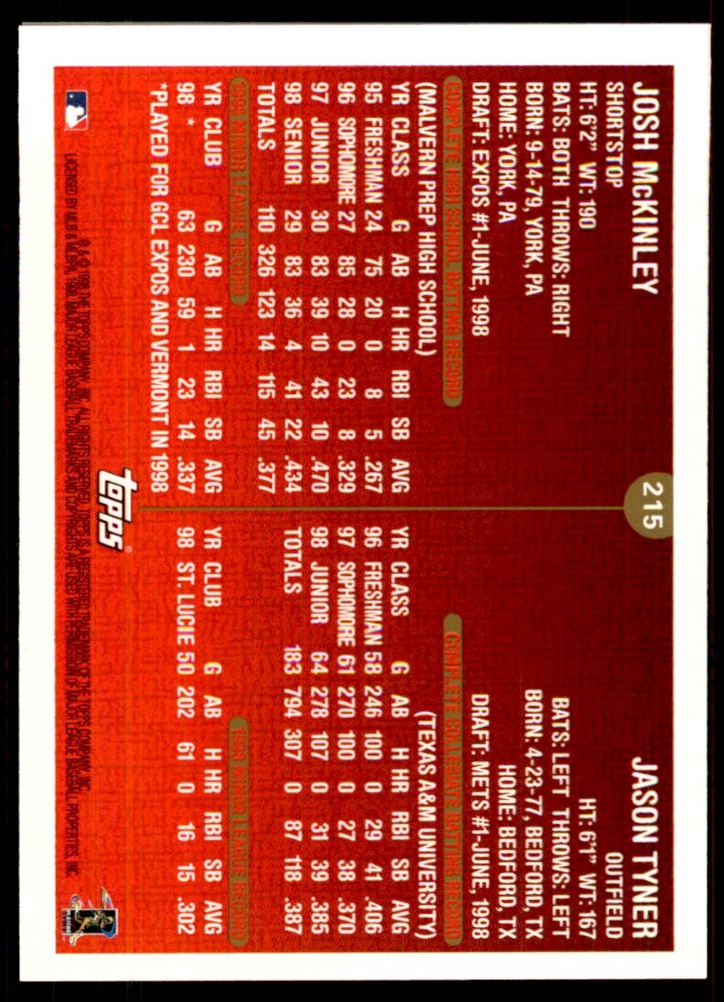 1999 Topps Jason Tyner/Josh McKinley Rookie Baseball Card A #215