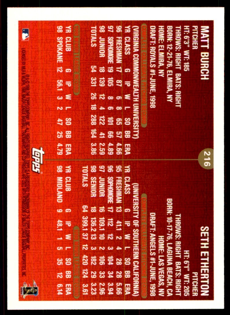 1999 Topps Matt Burch/Seth Etherton Rookie Baseball Card A #216