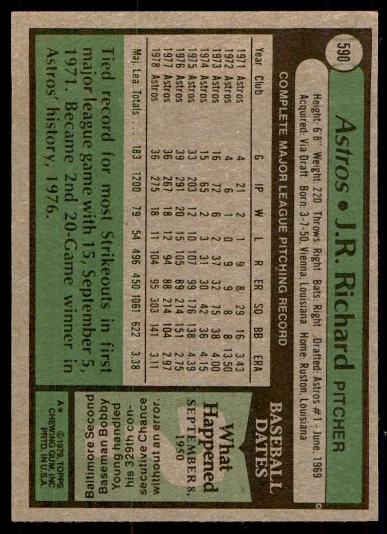 1979 Topps Baseball Card J.R. Richard A Houston Astros #590