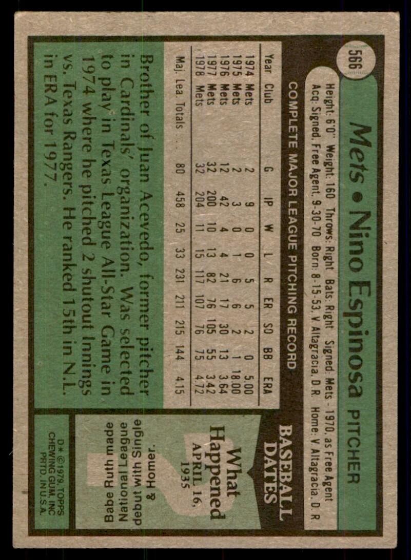 1979 Topps Baseball Card Nino Espinosa New York Mets #566