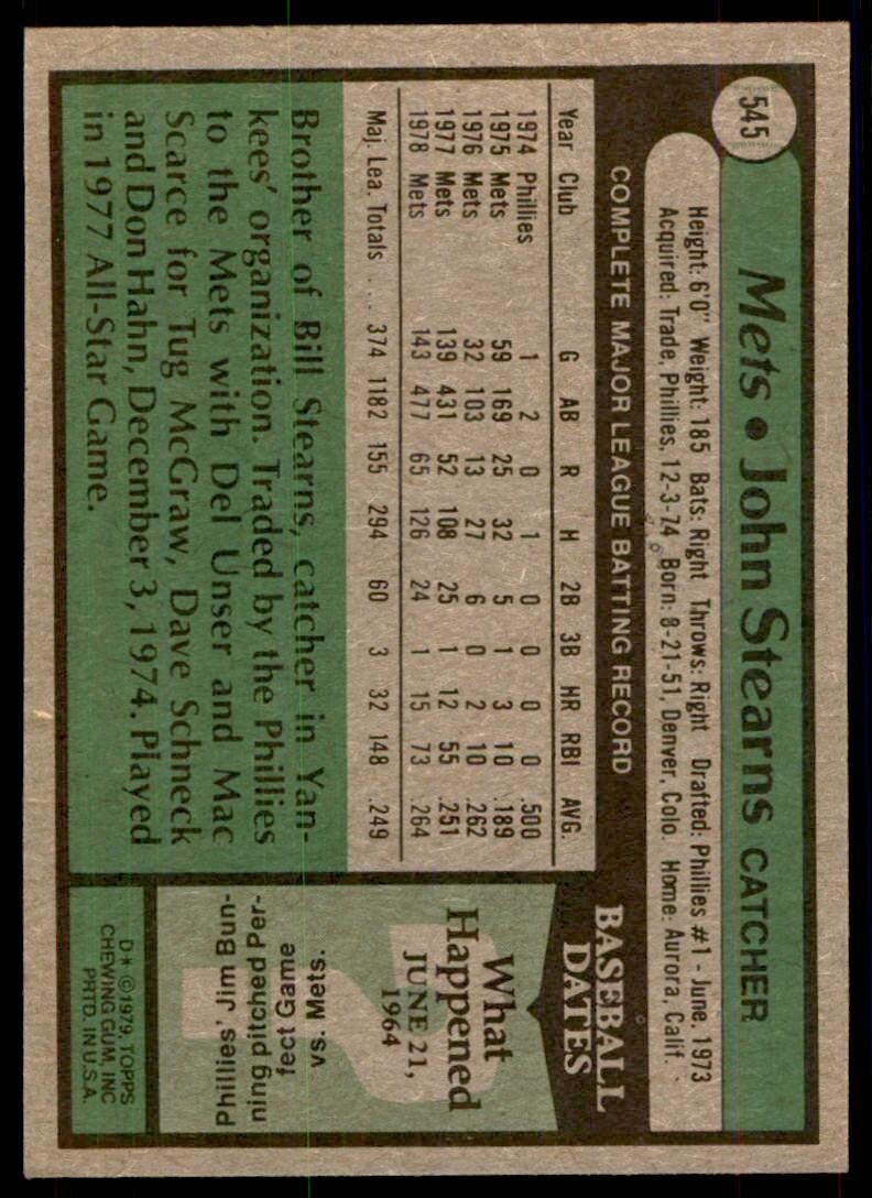 1979 Topps Baseball Card John Stearns B New York Mets #545
