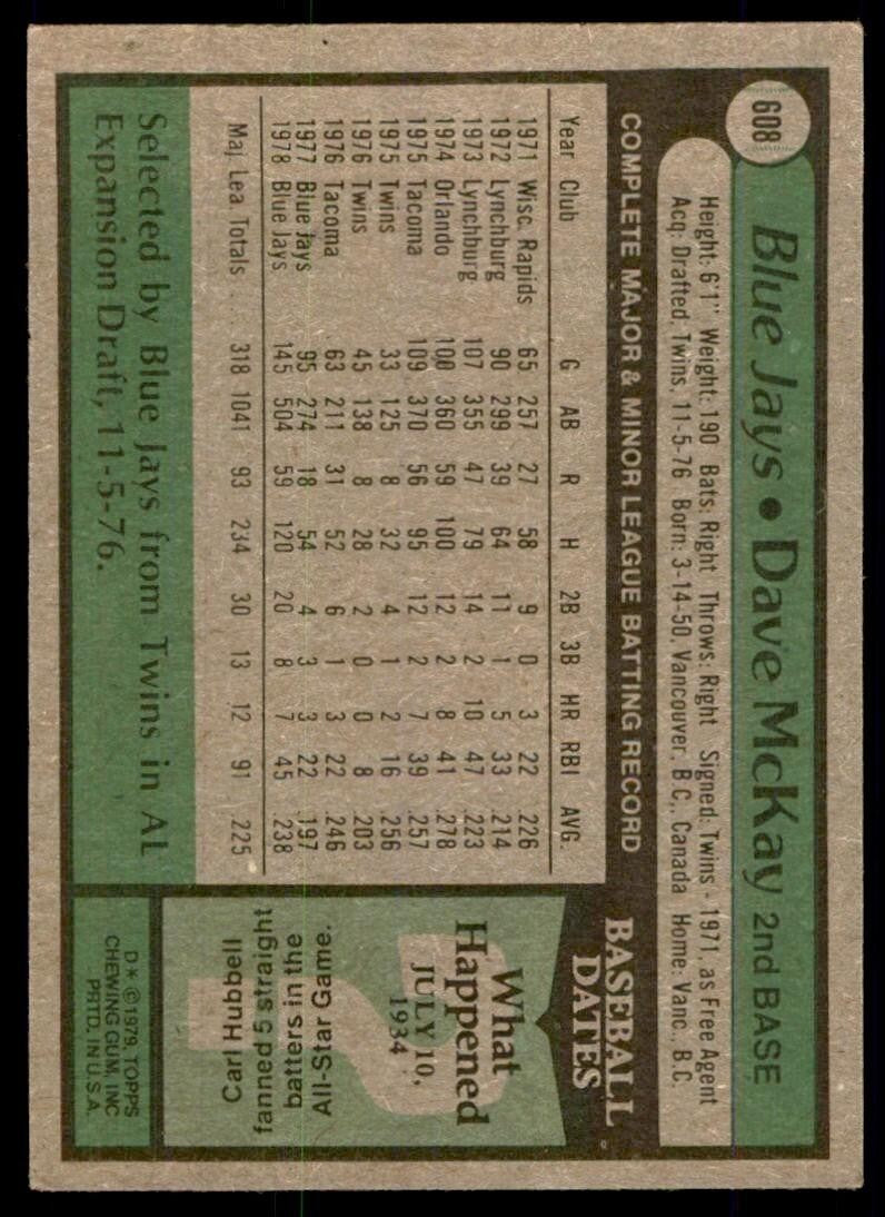 1979 Topps Baseball Card Dave McKay D Toronto Blue Jays #608