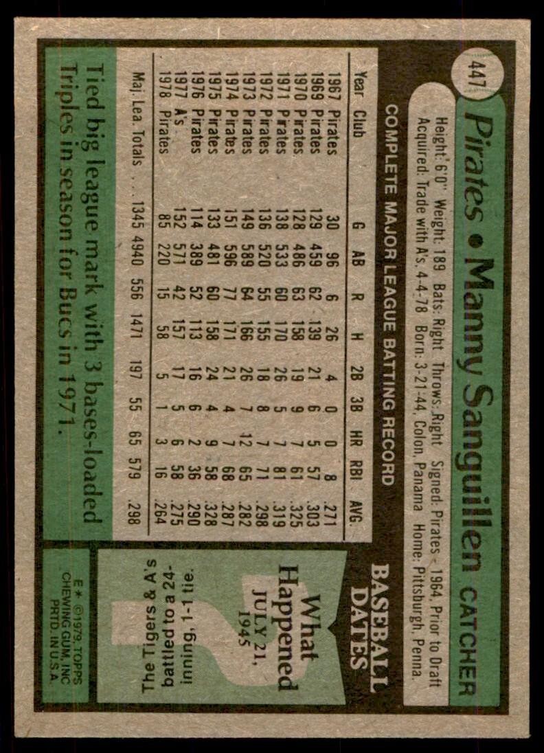 1979 Topps Baseball Card Manny Sanguillen Pittsburgh Pirates #447