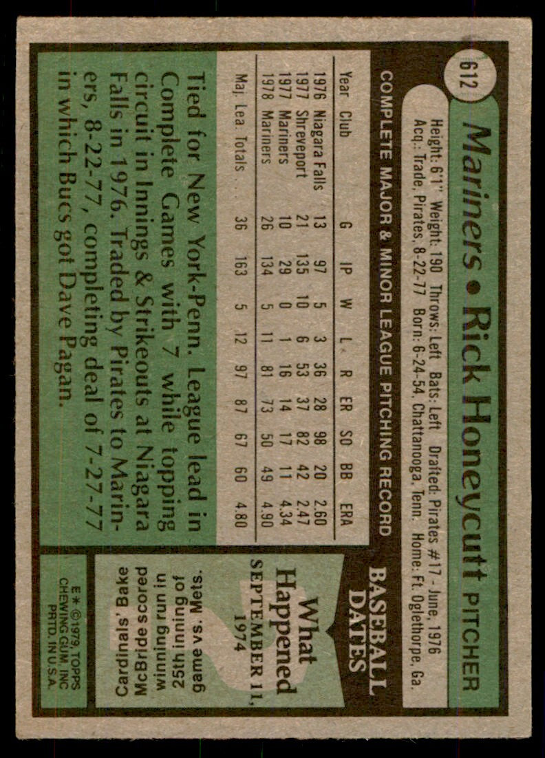 1979 Topps Baseball Card Rick Honeycutt Rookie G Seattle Mariners #612