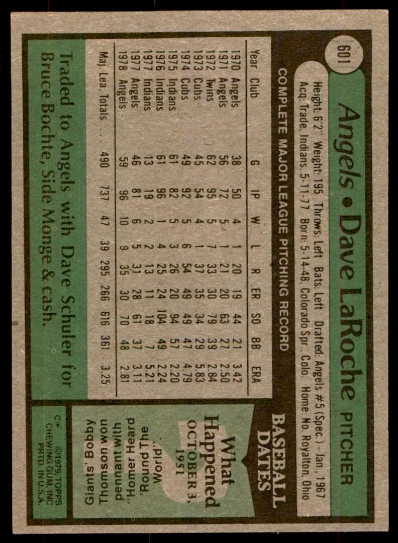 1979 Topps Baseball Card Dave LaRoche C California Angels #601