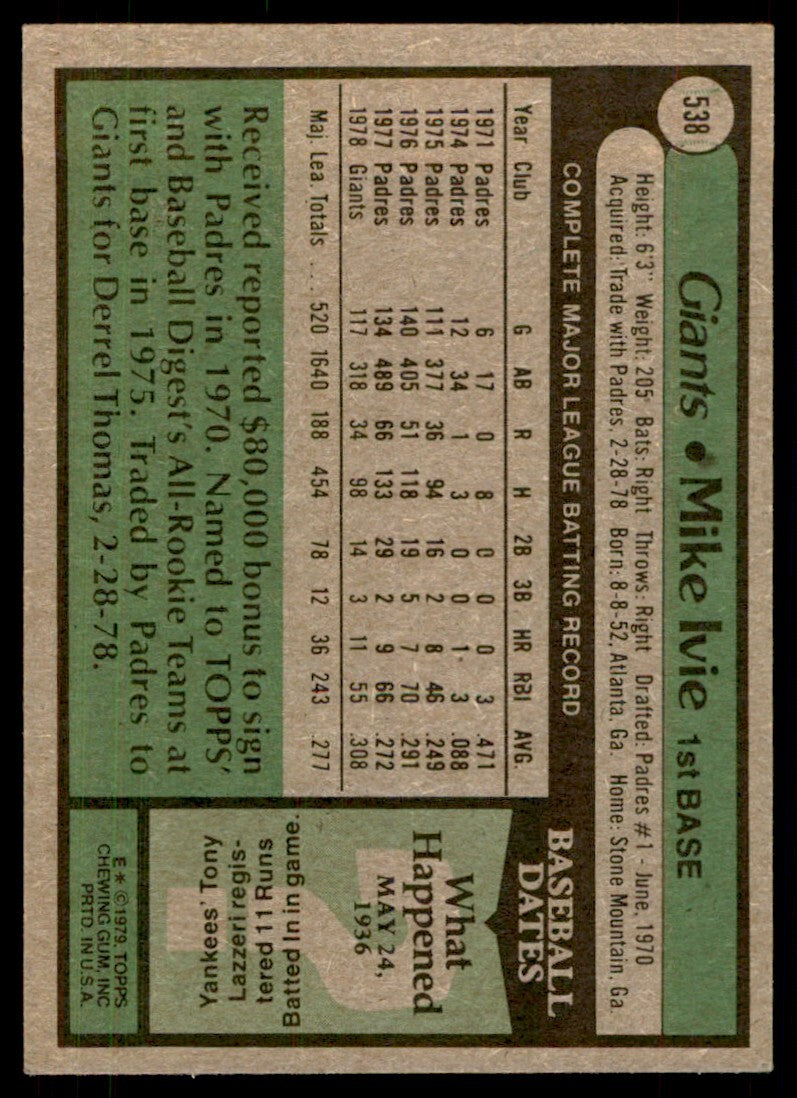 1979 Topps Baseball Card Mike Ivie I San Francisco Giants #538