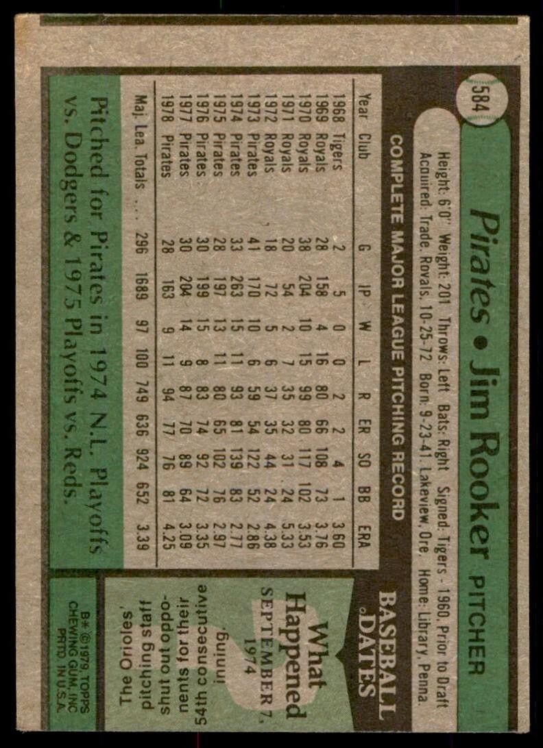 1979 Topps Baseball Card Jim Rooker A Pittsburgh Pirates #584