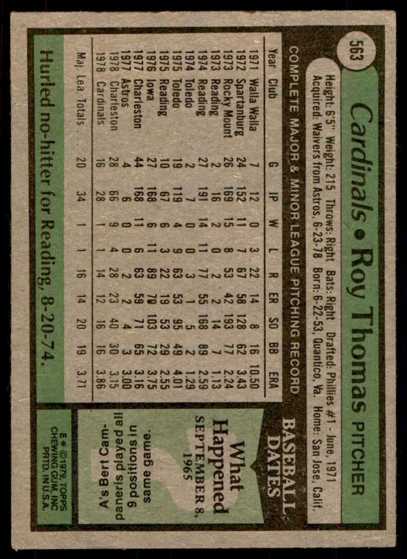 1979 Topps Baseball Card Roy Thomas St. Louis Cardinals #563