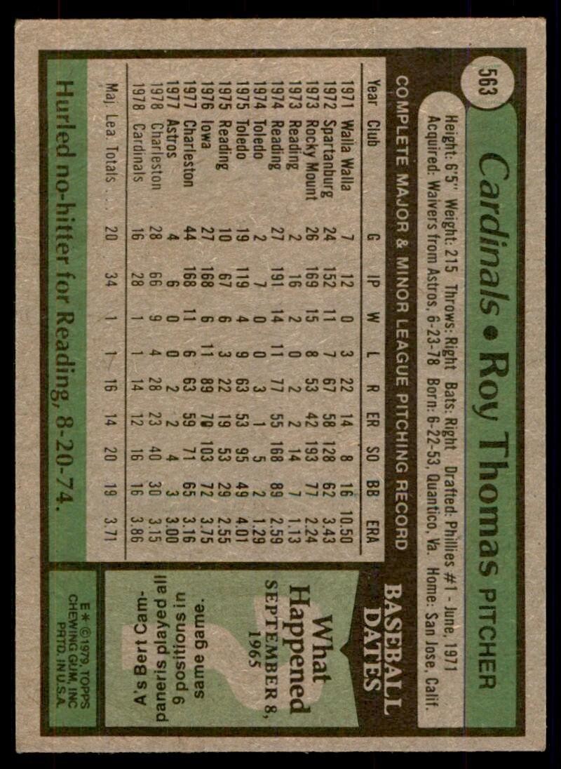 1979 Topps Baseball Card Roy Thomas C St. Louis Cardinals #563
