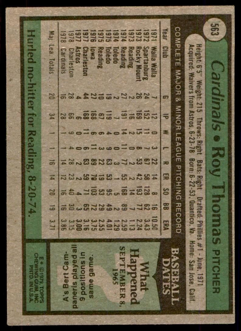 1979 Topps Baseball Card Roy Thomas D St. Louis Cardinals #563