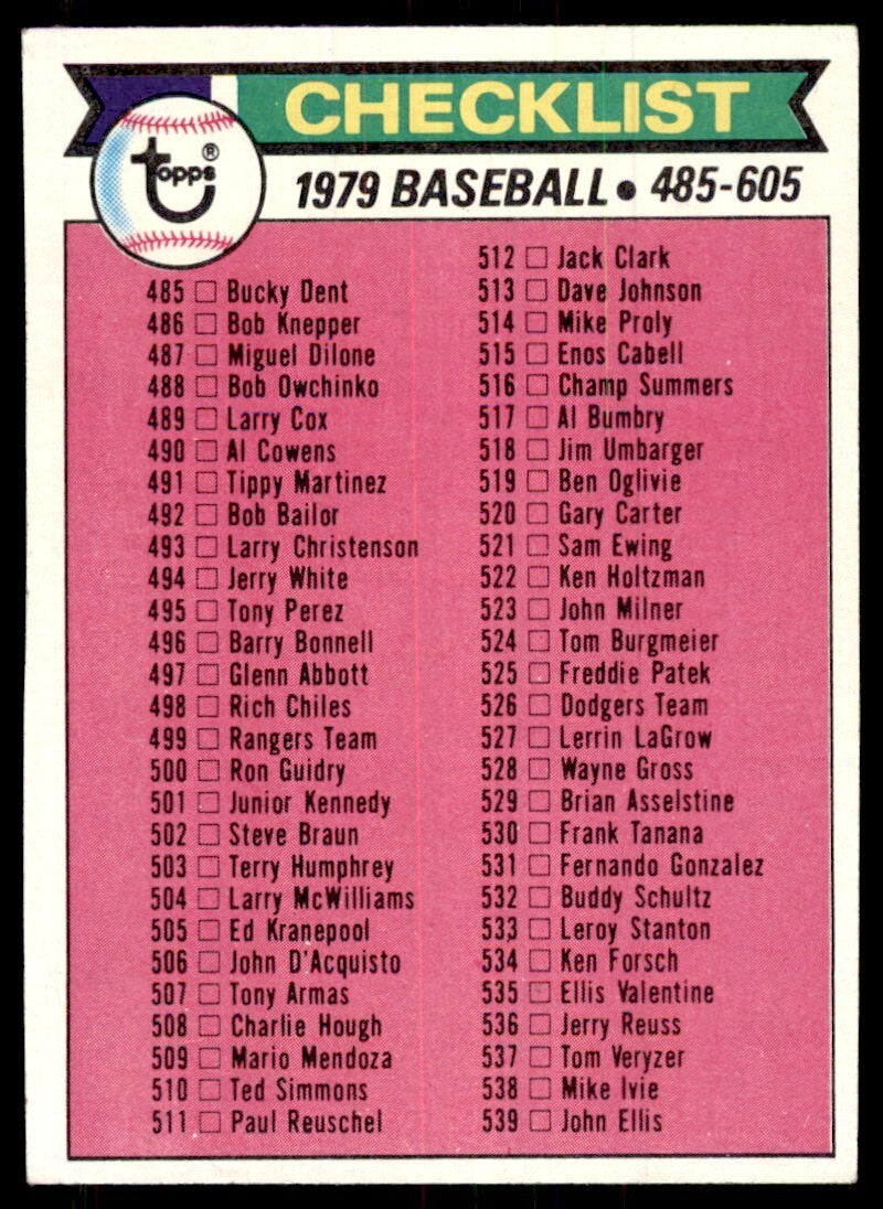 1979 Topps Baseball Card Checklist 485-605 C #602