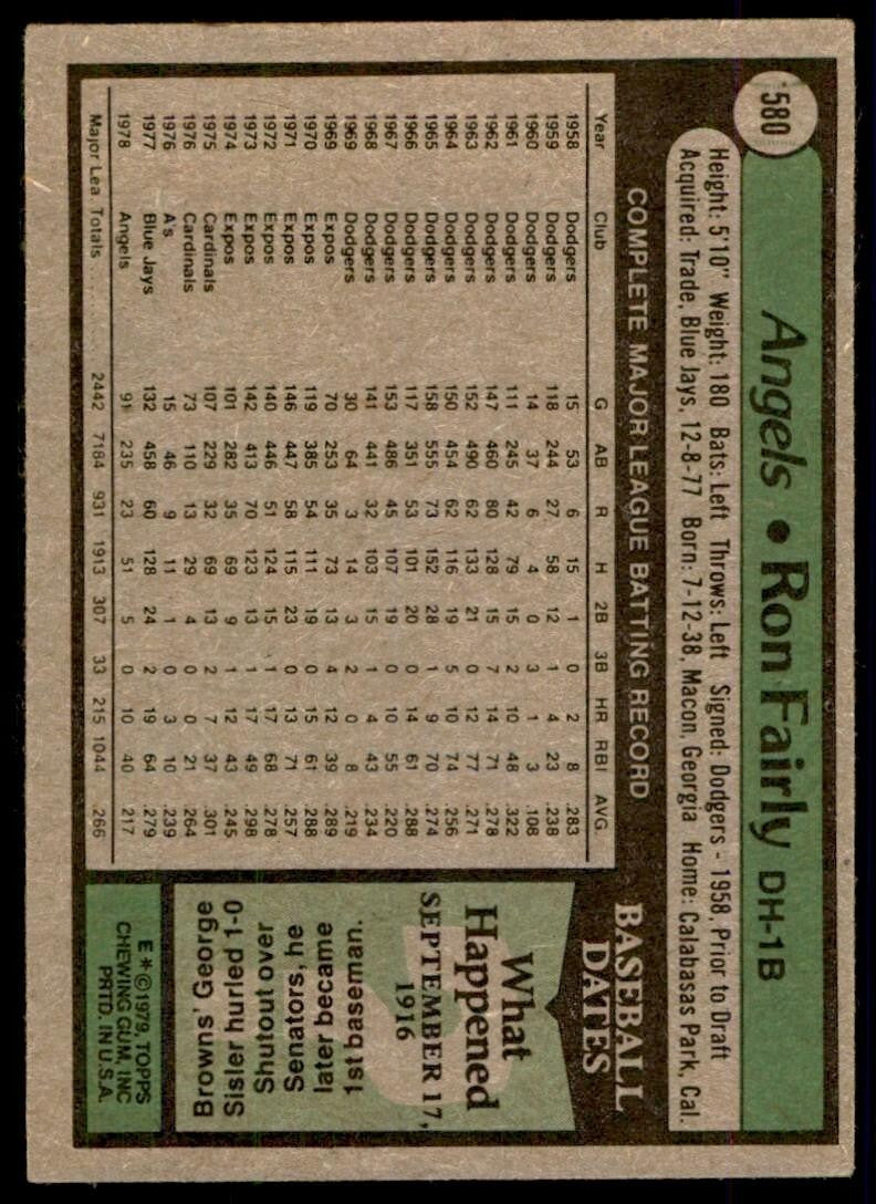 1979 Topps Baseball Card Ron Fairly California Angels #580