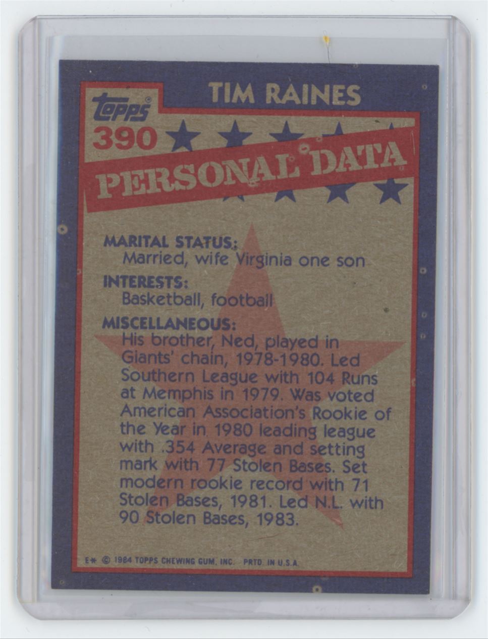 1984 Topps Tim Raines Montreal Expos #390