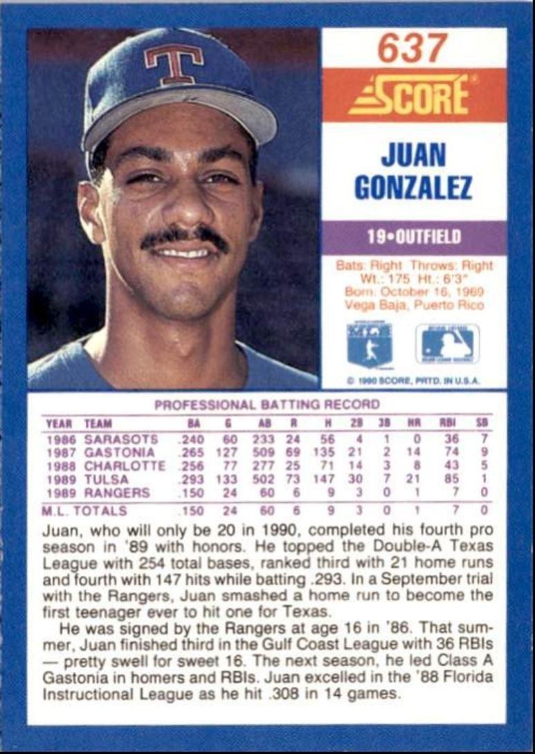 1990 Score Juan Gonzalez Rookie Texas Rangers #637