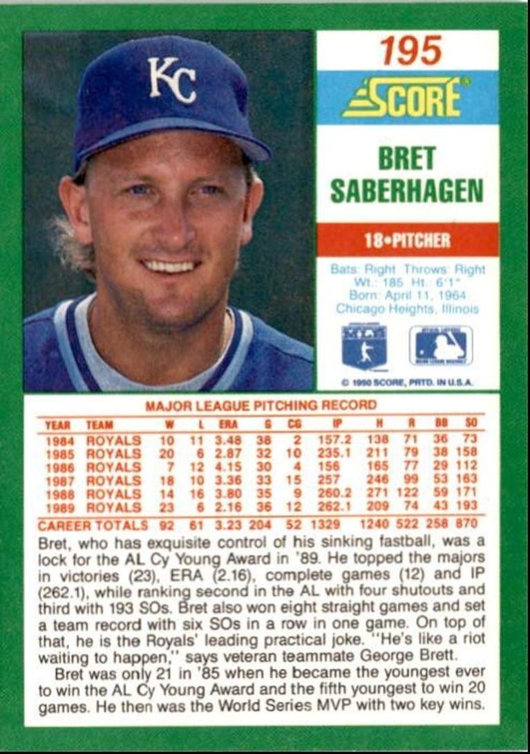 1990 Score Bret Saberhagen Kansas City Royals #195