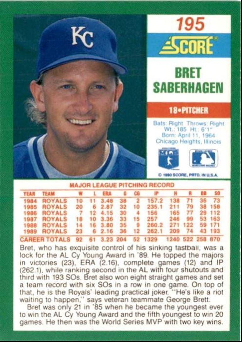 1990 Score Bret Saberhagen c Kansas City Royals #195
