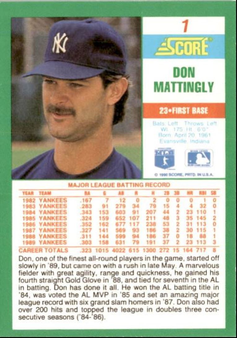 1990 Score Don Mattingly z New York Yankees #1