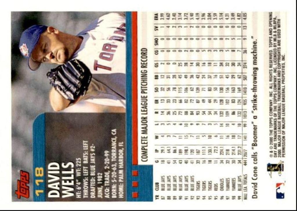2000 Topps Opening Day David Wells Toronto Blue Jays #118