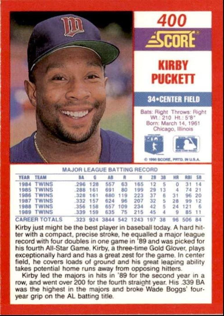 1990 Score Kirby Puckett z Minnesota Twins #400