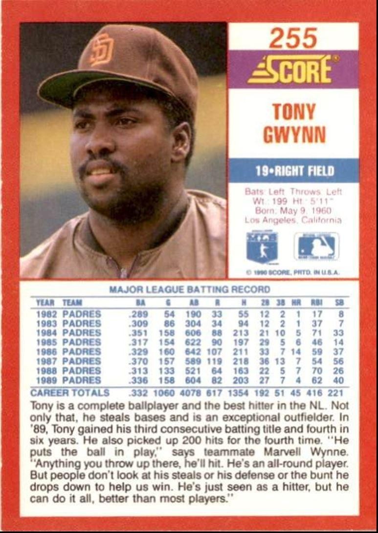 1990 Score Tony Gwynn z San Diego Padres #255