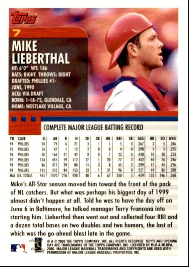 2000 Topps Opening Day Mike Lieberthal Philadelphia Phillies #7