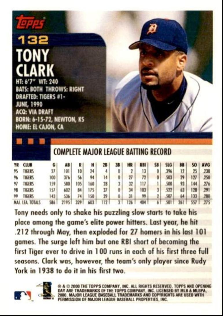 2000 Topps Opening Day Tony Clark a Detroit Tigers #132