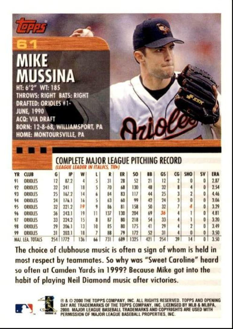 2000 Topps Opening Day Mike Mussina a Baltimore Orioles #61