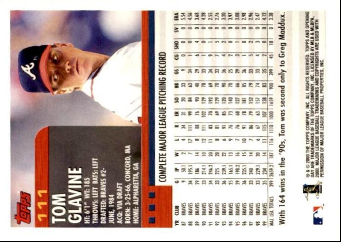 2000 Topps Opening Day Tom Glavine Atlanta Braves #111