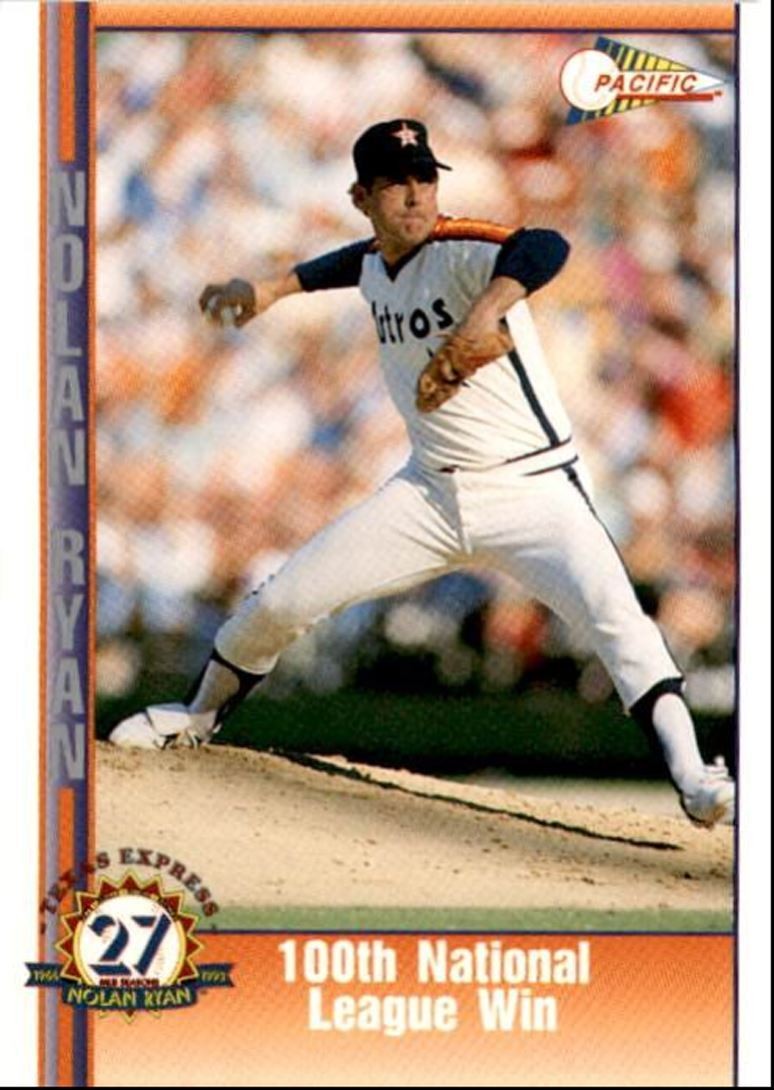 1993 Pacific Texas Express Baseball Card Nolan Ryan 100th National League Win