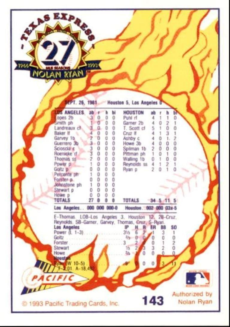 1993 Pacific Texas Express Baseball Card Nolan Ryan Number Five Houston Astros