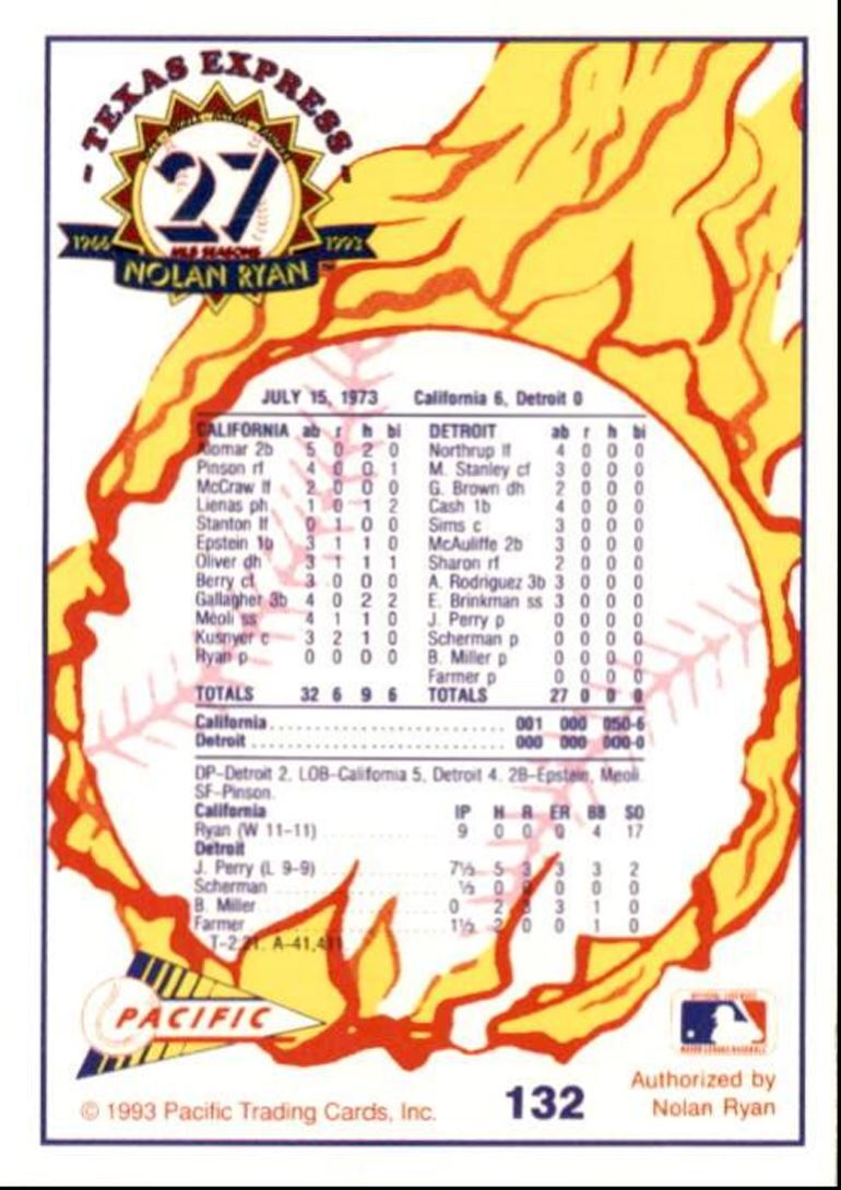 1993 Pacific Texas Express Baseball Card Nolan Ryan Number Two California Angels