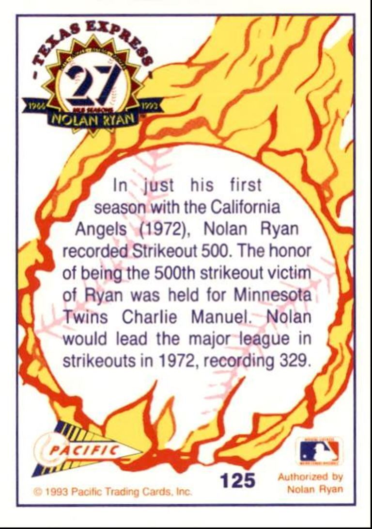 1993 Pacific Texas Express Baseball Card Nolan Ryan Number California Angels
