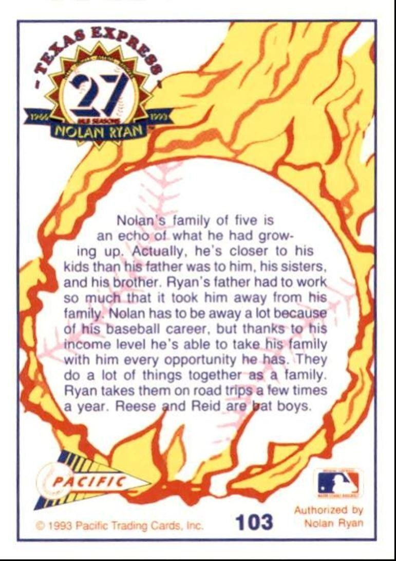 1993 Pacific Texas Express Baseball Card Nolan Ryan Our Family of Five #103