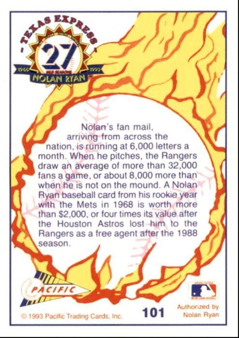 1993 Pacific Texas Express Baseball Card Nolan Ryan Fans' Favorite Texas Rangers