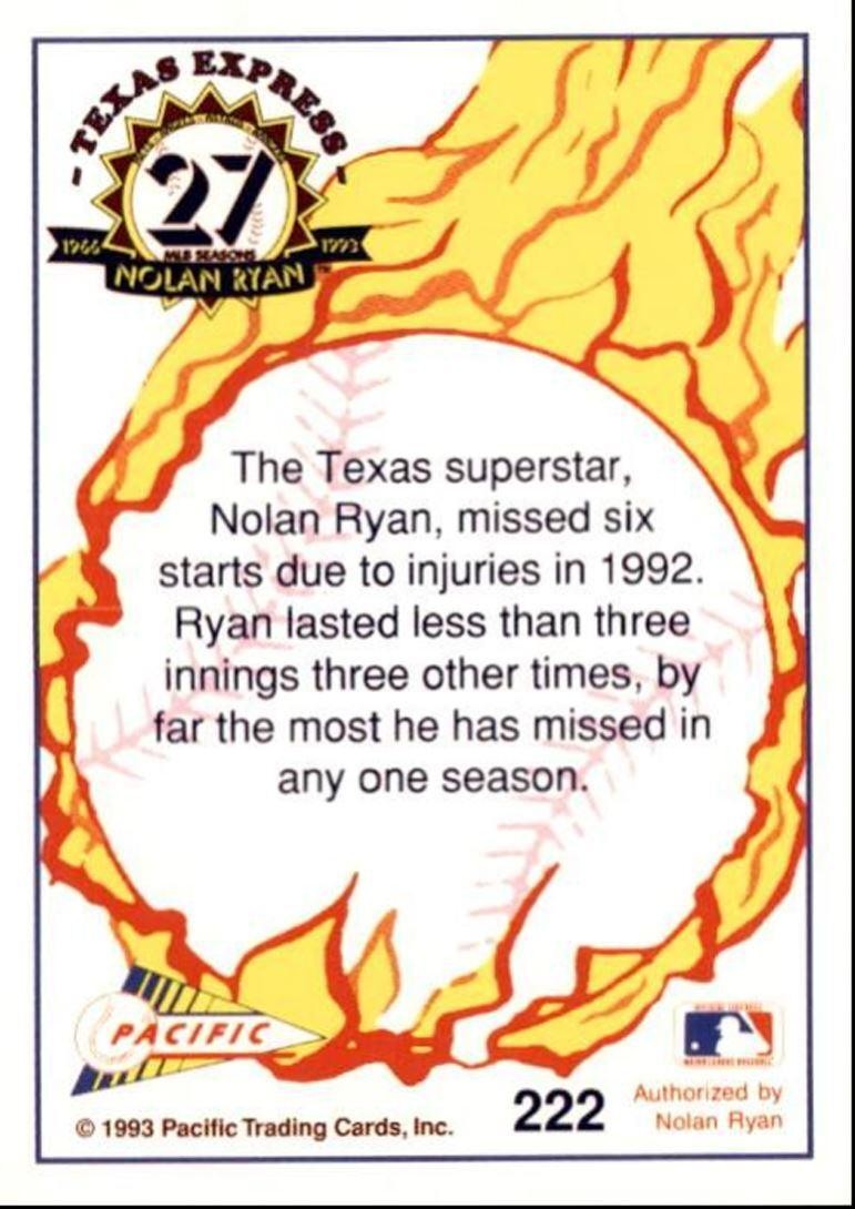 1993 Pacific Texas Express Baseball Card Nolan Ryan Slow Start in 1992 Texas