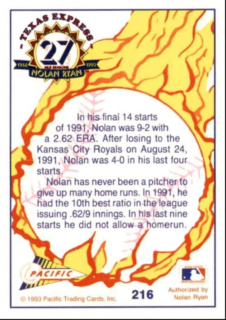 1993 Pacific Texas Express Baseball Card Nolan Ryan Nolan Ryan New York Mets