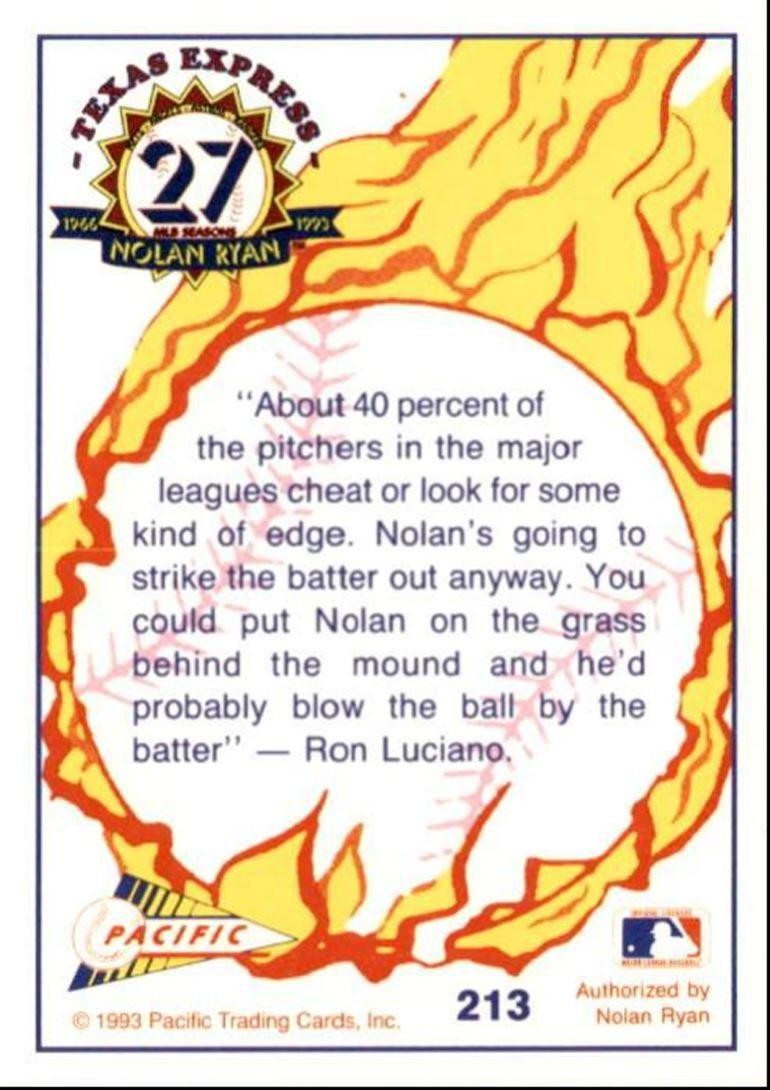 1993 Pacific Texas Express Baseball Card Nolan Ryan Nolan's Edge - Speed Texas