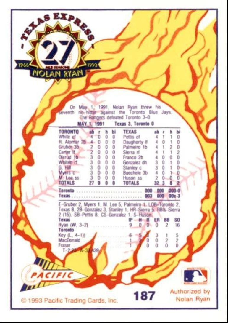 1993 Pacific Texas Express Baseball Card Nolan Ryan Number Seven Texas Rangers