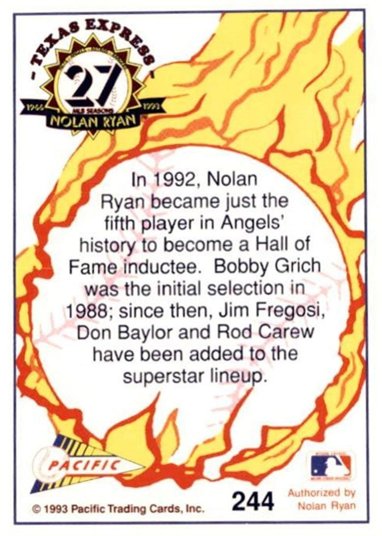 1993 Pacific Texas Express Baseball Card Nolan Ryan Angels' Hall of Fame