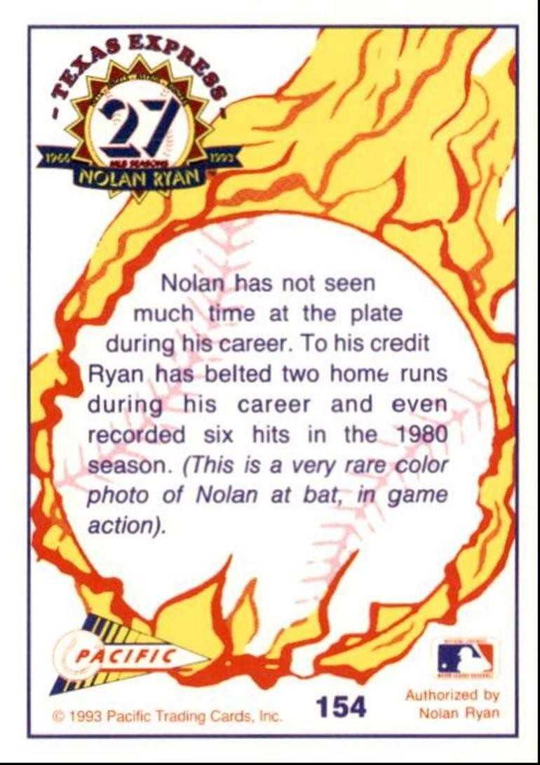 1993 Pacific Texas Express Baseball Card Nolan Ryan The Seldom of Swat Houston