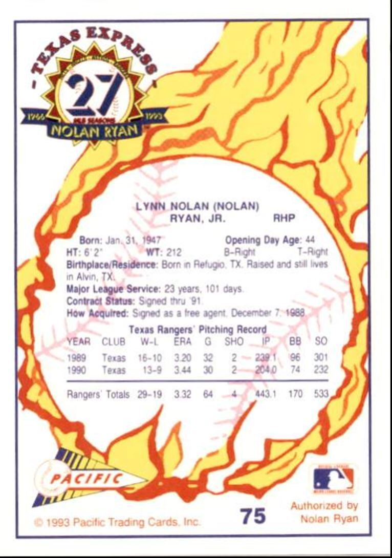 1993 Pacific Texas Express Baseball Card Nolan Ryan Nolan Ryan Texas Rangers #75