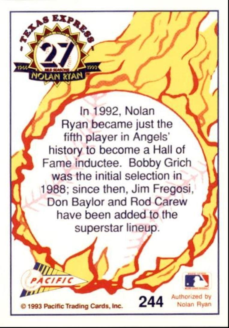 1993 Pacific Texas Express Baseball Card Nolan Ryan Angels' Hall of Fame ,