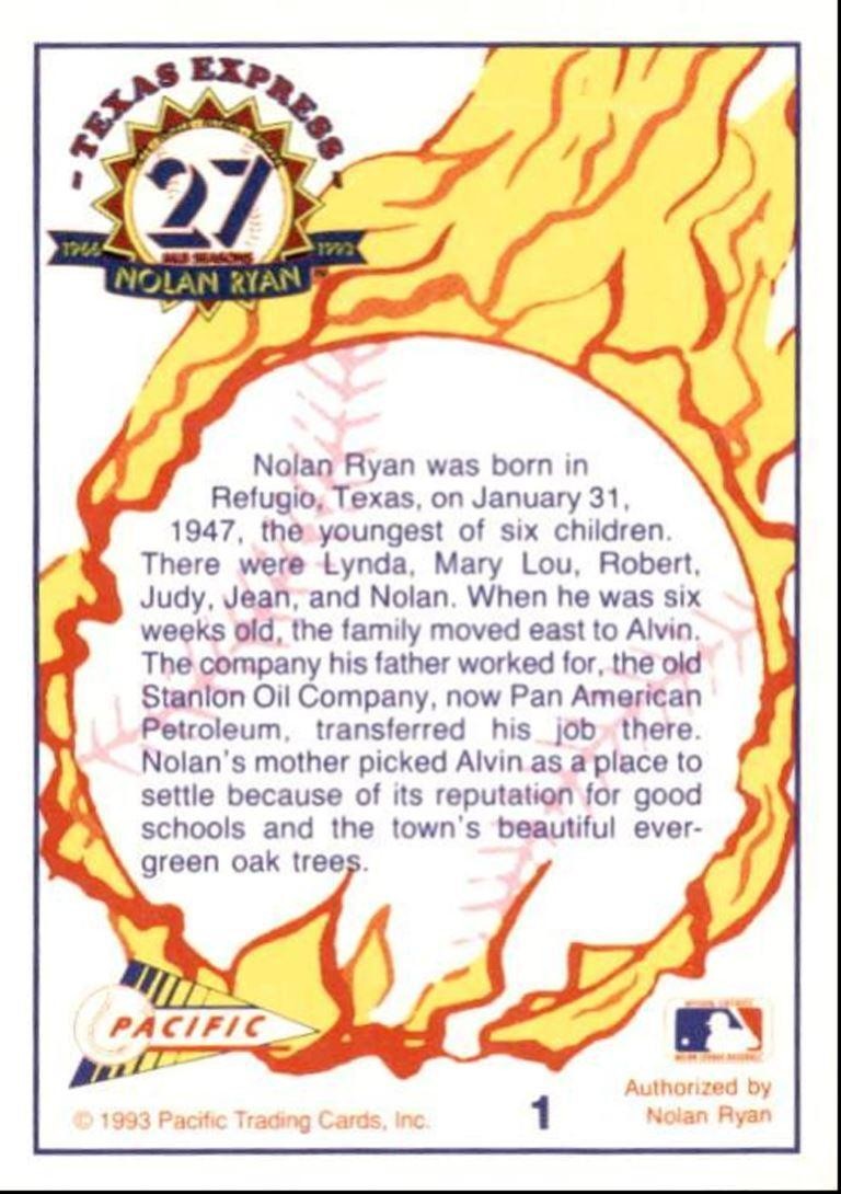 1993 Pacific Texas Express Baseball Card Nolan Ryan HOF / California Angels #1