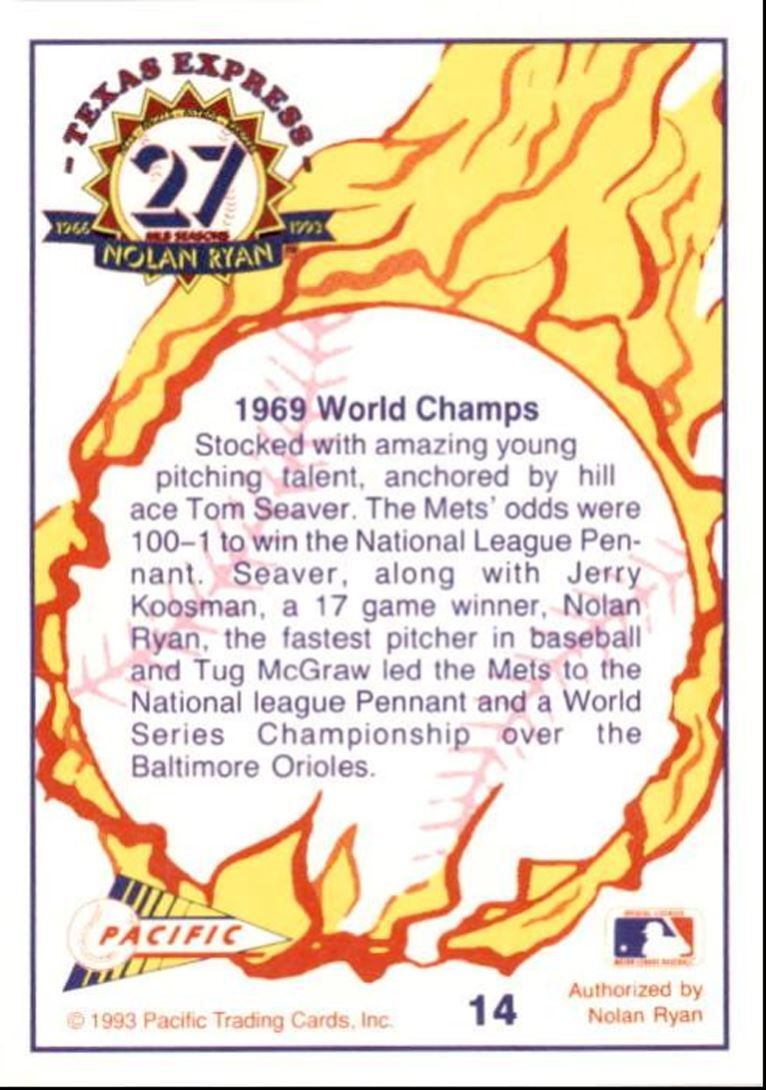 1993 Pacific Texas Express Baseball Card Nolan Ryan The Amazin' Mets New York