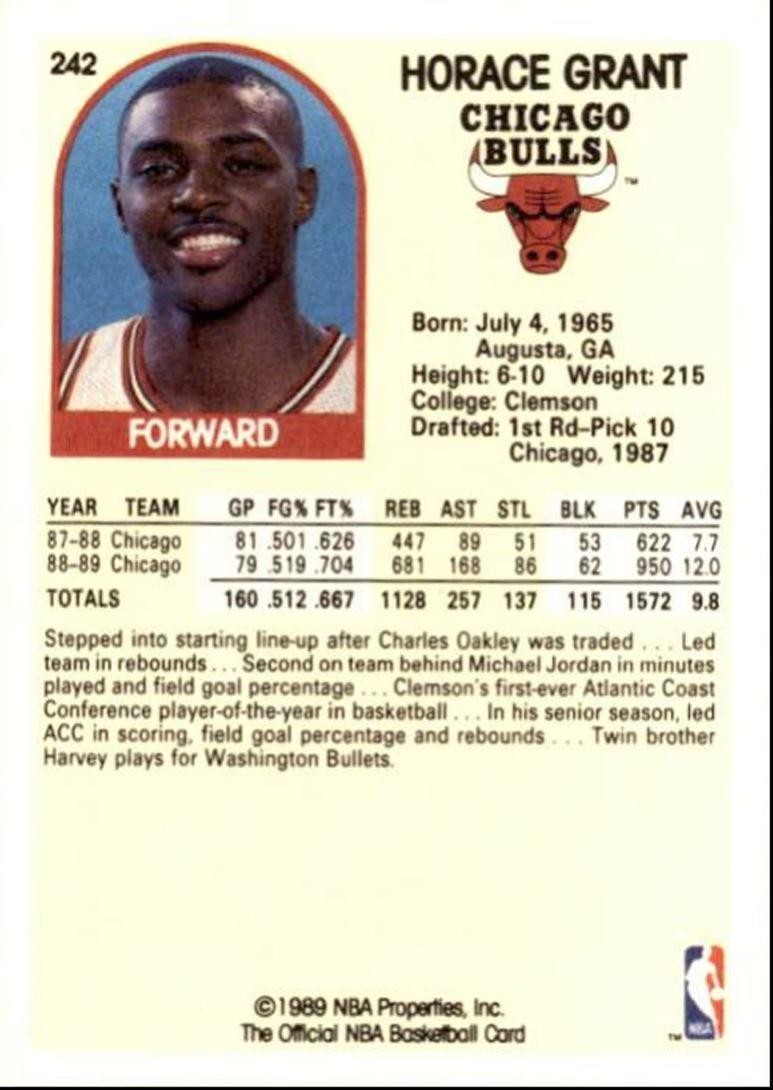 1989-90 Hoops Basketball Card Horace Grant Chicago Bulls #242