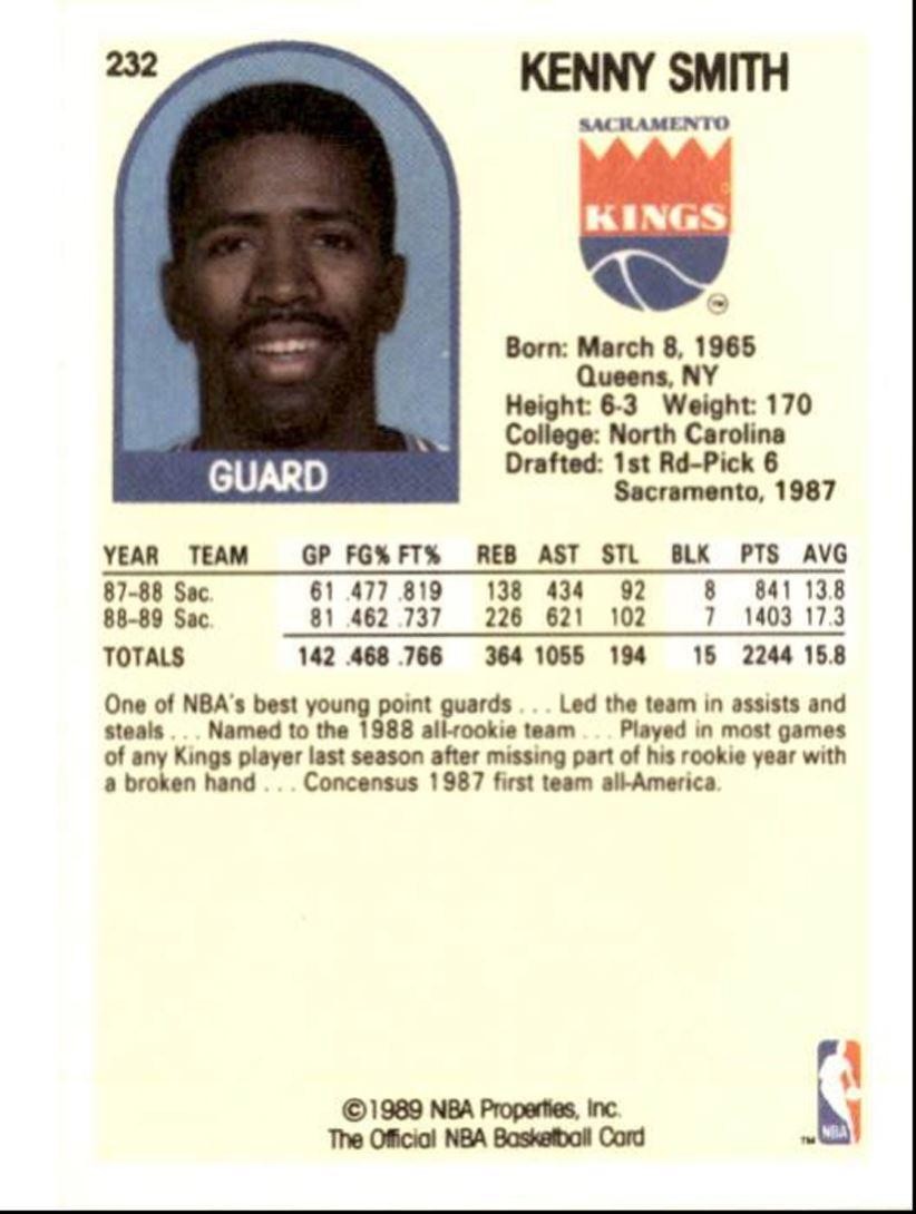 1989-90 Hoops Basketball Card Kenny Smith Sacramento Kings #232