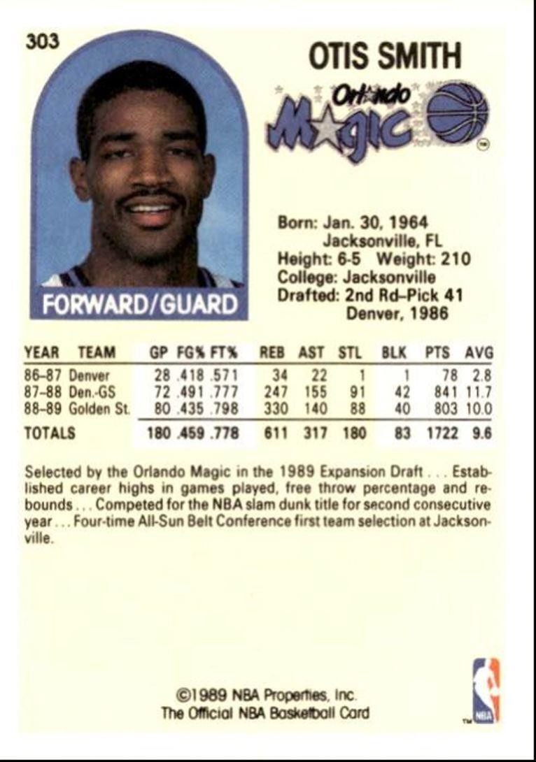 1989-90 Hoops Basketball Card Otis Smith Orlando Magic #303
